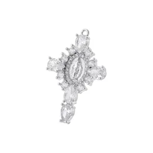 Silver cross pendant with white cubic zirconia and religious centerpiece for women necklaces.