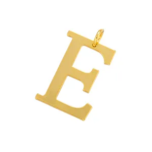 Gold letter E pendant detail shot, metallic charm accessory for DIY jewelry making.