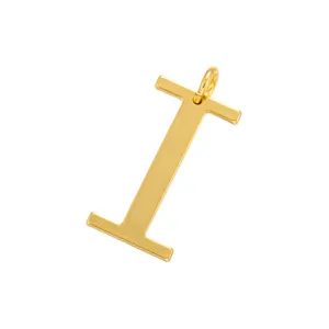 Gold letter I pendant close-up, shiny metal charm detail showing smooth polished surface finish.