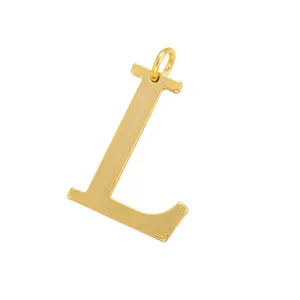 Gold letter L pendant detail, jewelry charm for DIY necklace, bracelet, and keychain accessory.