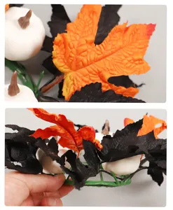 Halloween candle ring detail shot featuring black orange maple leaves and white pumpkins decor.