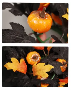 Halloween party candle ring decoration with artificial pumpkins and autumn maple leaves.