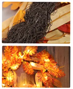 Close-up detail of autumn maple leaf wreath with warm LED string lights and back vine structure.