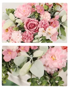 Nahaufnahme von künstlichen rosa Rosen und Pfingstrosen, ideale Heimdeko und Hochzeitsfloristik.