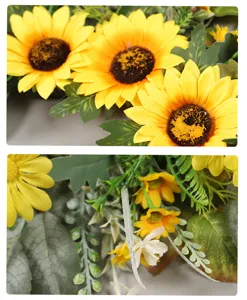 Close-up detail of artificial yellow sunflowers and green leaves, perfect for home decor display.