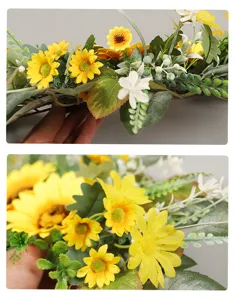 Artificial sunflower garland detail close-up, vibrant yellow floral decor for home and events.