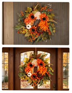 Herfst kunstmatig zonnebloem krans met pompoenen voor binnen en buiten deur decoratie