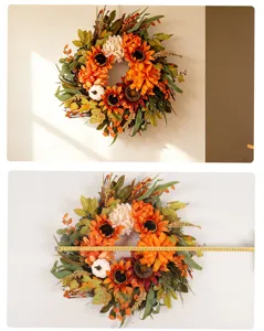 Kunstmatige herfst zonnebloem krans met pompoenen voor gezellige boerderij huisdecoratie.
