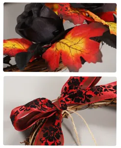 Dettaglio ghirlanda di Halloween con rosa nera e foglia d acero per festa spaventosa.