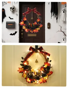 Ghirlanda di Halloween decorazione con rose nere foglie d'acero bacche e luci per parete.