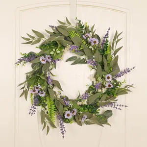 Ghirlanda di fiori artificiali eucalipto lavanda per decorazione parete porta casa.