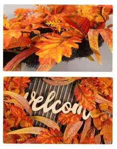 Autumn maple leaf wreath with welcome sign for front door, indoor and outdoor autumn holiday decor.