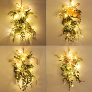 Frühling Sommer Dahlie künstliche Rose Tropfen Blumen Wandbehang Dekoration mit LED.
