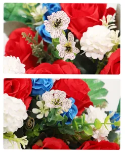 Künstlicher Seidenblumen Blumenstrauß Detail rote blaue Rosen dekorative Gesteck.
