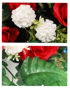 Künstliche Seidenblumen Kranz Detail Nahaufnahme, lebendige rote Rosen und weiße Kunstblumen.
