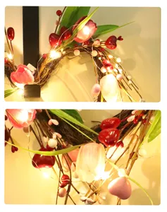Valentine day artificial tulip heart wreath with fairy lights spring home wall decor