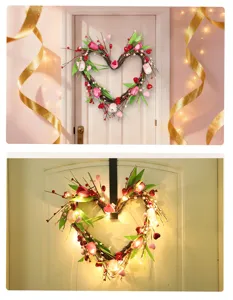 Heart-shaped artificial tulip wreath with berries and lights, perfect for Valentine's Day decor.