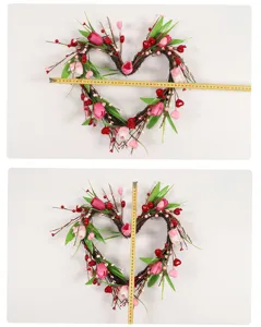 Heart shaped artificial tulip wreath wall hanging detail showing exact product dimensions and size.
