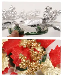Christmas candle ring detail view featuring sparkly berries and artificial leaves decoration.