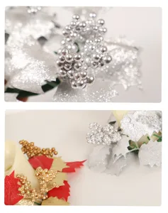 Christmas artificial berry maple leaf candle ring decoration detail shot for table centerpiece.