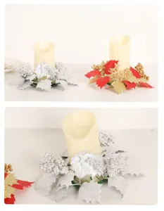 Christmas candle ring detail view, silver and gold berry wreath for holiday table decor