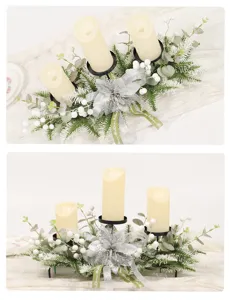 Kerstkaarsstandaard middelpunt decoratie met kunstmatige dennentakken en zilveren bloemen.
