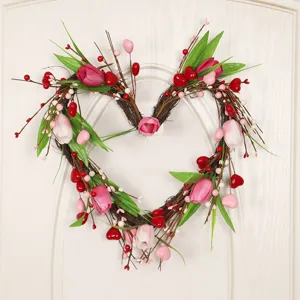 Valentine Day Heart Shaped Artificial Tulip Wreath Silk Flower Wall Hanging Spring Festival Home Decor