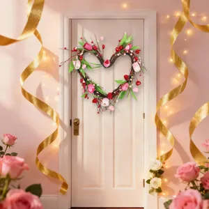 Valentine's Day heart shaped artificial tulip wreath hanging door wall decor spring floral.