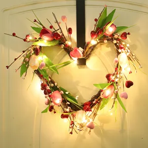 Valentine heart artificial tulip wreath with warm fairy lights for spring home door decor
