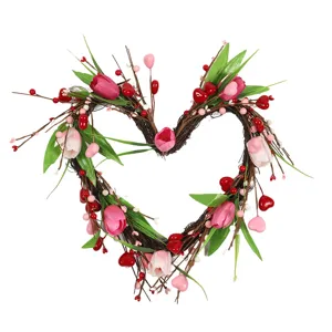 Valentine's Day heart-shaped artificial tulip wreath holiday wall hanging home decoration.
