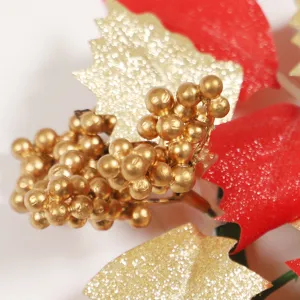 Christmas artificial golden berries red glitter maple leaf candle ring table decoration