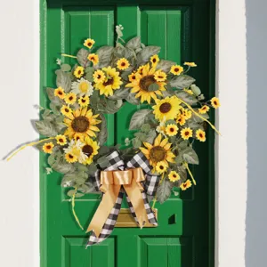 Guirlande Artificielle de Tournesol Couronne de Porte Fleur en Soie Feuilles d'Eucalyptus Avec Nœud Pour Décoration Murale Maison