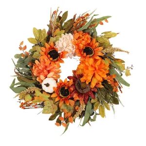 Herfst kunstmatige zonnebloem krans met witte pompoen bessen oogst Thanksgiving huisdecoratie