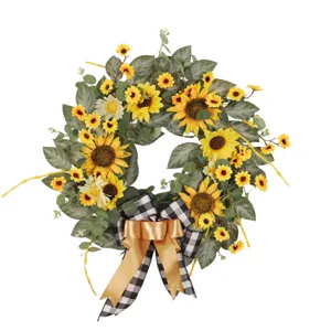 Couronne de tournesol artificielle avec ruban a carreau decoration de porte d'entree