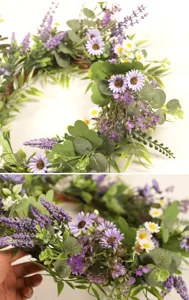 Artificial lavender daisy wreath detail, eucalyptus leaves wall hanging home decor.