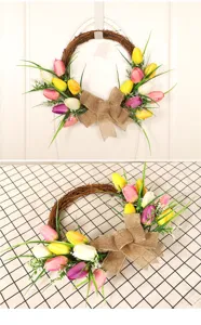 Künstlicher Tulpenkranz mit Juteschleife, Oster Tür kranz Frühlingsblumen Hängekranz für Zuhause.