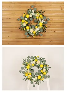 Vue détaillée de la couronne de citron artificielle avec des feuilles d'eucalyptus et fleurs.