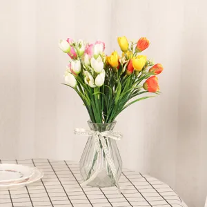 Artificial Tulip Flower Bouquet With Clear Glass Vase Silk Flowers Table Centerpiece Home Decor Dining Room Decoration