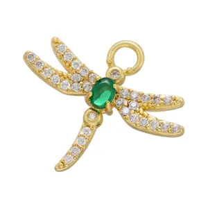 Gold plated dragonfly pendant charm with cubic zirconia and green stone for DIY jewelry making.