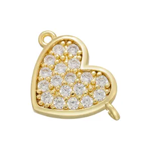Gold-plated micro-pave white zircon heart connector double bail jewelry charm for DIY bracelets.