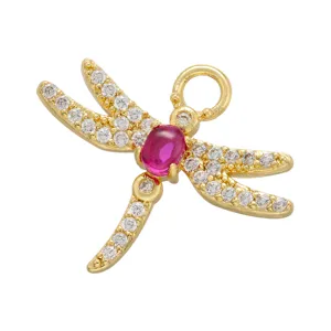 Micro-pave zircon dragonfly pendant detail view, gold-plated DIY jewelry making charm.