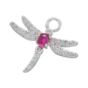 Silver dragonfly pendant charm micro pave cubic zirconia oval pink stone DIY jewelry finding