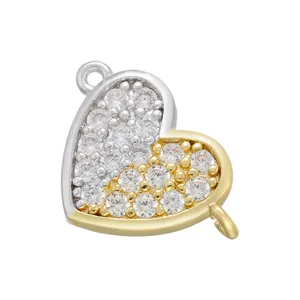 Micro pave cubic zirconia heart connector charm double loop jewelry making component
