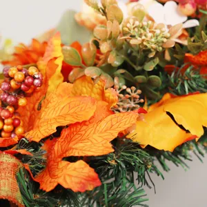 Autumn artificial flower wreath for Thanksgiving decoration, maple leaves berries hanging pendant.