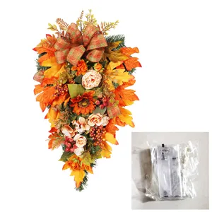 Autumn artificial flower hanging decor with maple leaves sunflower peony and battery box lights.