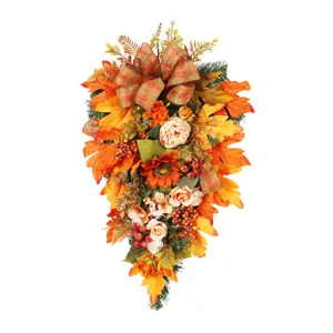 Autumn artificial flower hanging swag with peonies sunflowers maple leaves Thanksgiving