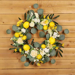 Couronne de Fleurs Artificielles de Printemps Pivoine Feuille d'Olivier Guirlande de Citron Plante en Soie Pendentif pour Déco Murale