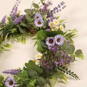 Artificial lavender and daisy wreath for front door home decor, spring floral garland.