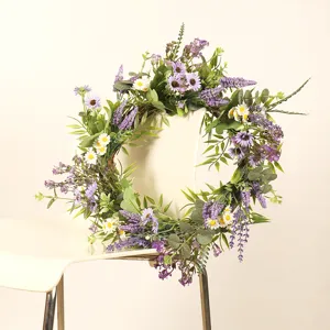 Spring lavender and daisy artificial wreath for front door hanging home decor floral garland.
