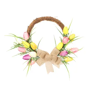 Künstlicher Tulpenkranz mit Jute-Schleife, Tür-Blumengirlande für Oster-Wohnkultur.